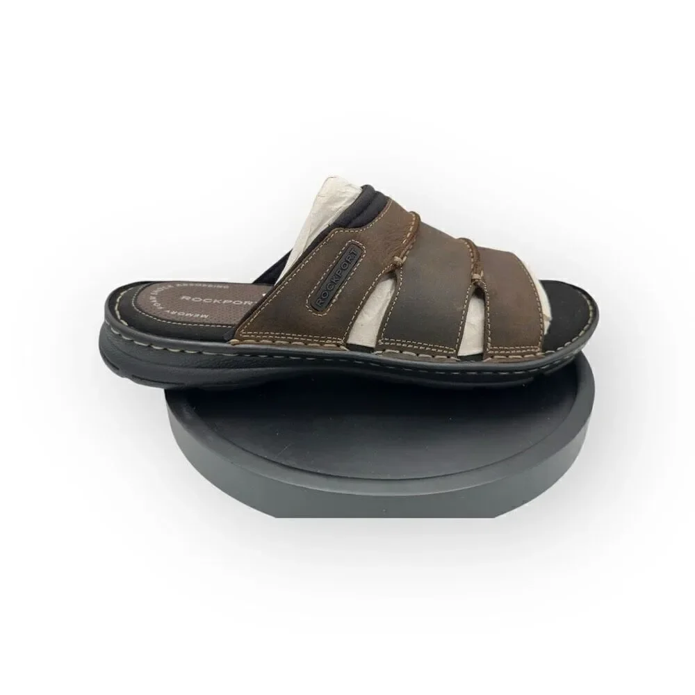 NWOT Rockport Mens Leather Slip-On Flat Heel Darwyn Slide Sandal Brown Size 10